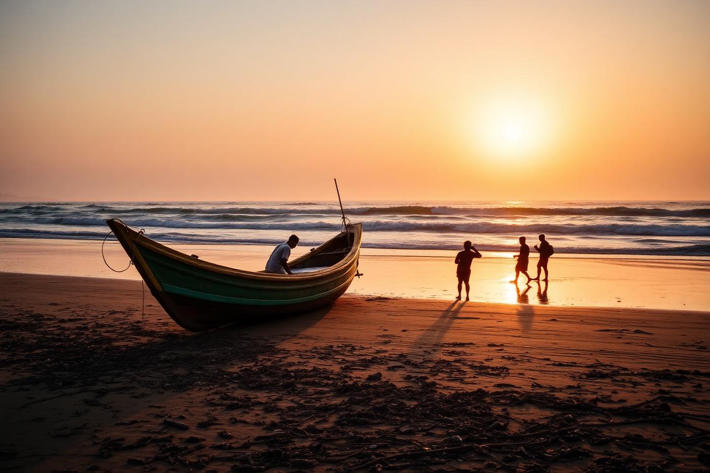 Traditional wooden fishing pirogue on a West African beach at sunset